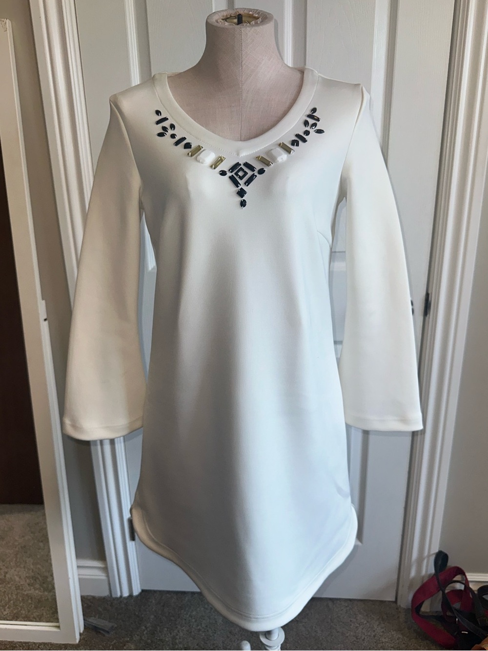 Pink Tartan White Embellished V-Neck Women’s Dress